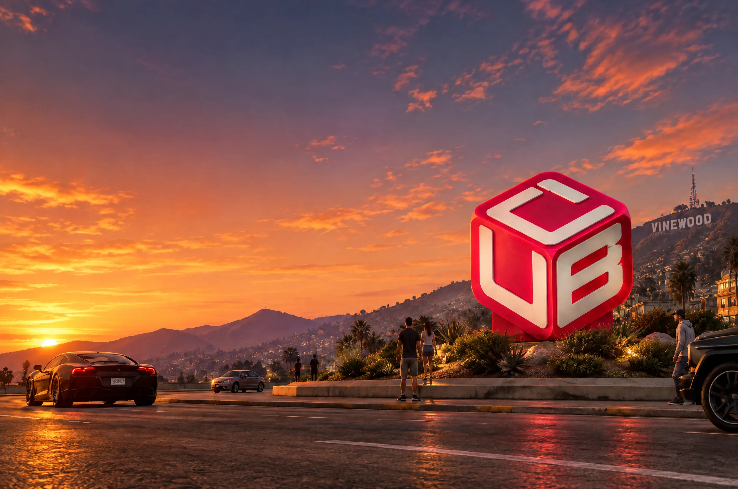 Vinewood'da gün batımında duran kırmızı Cube küpü